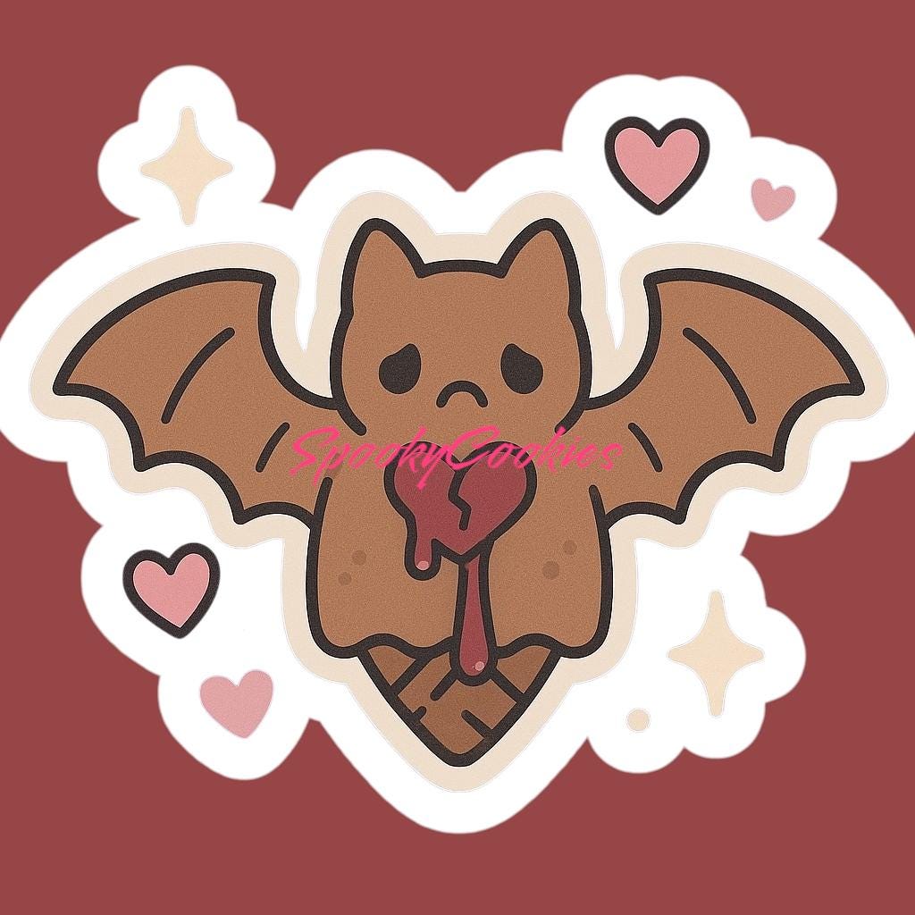 Sad Bat Cookie Sticker β Kawaii Broken Heart Jam-Filled Spooky Treat