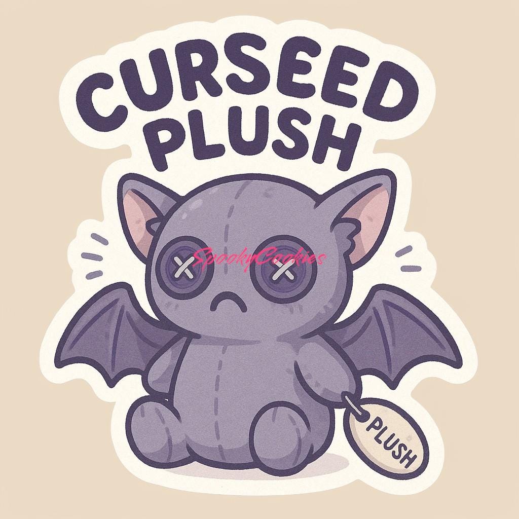 Cursed Bat Plush Sticker β Sad Gothic Plushie with Wings and Button Eyes