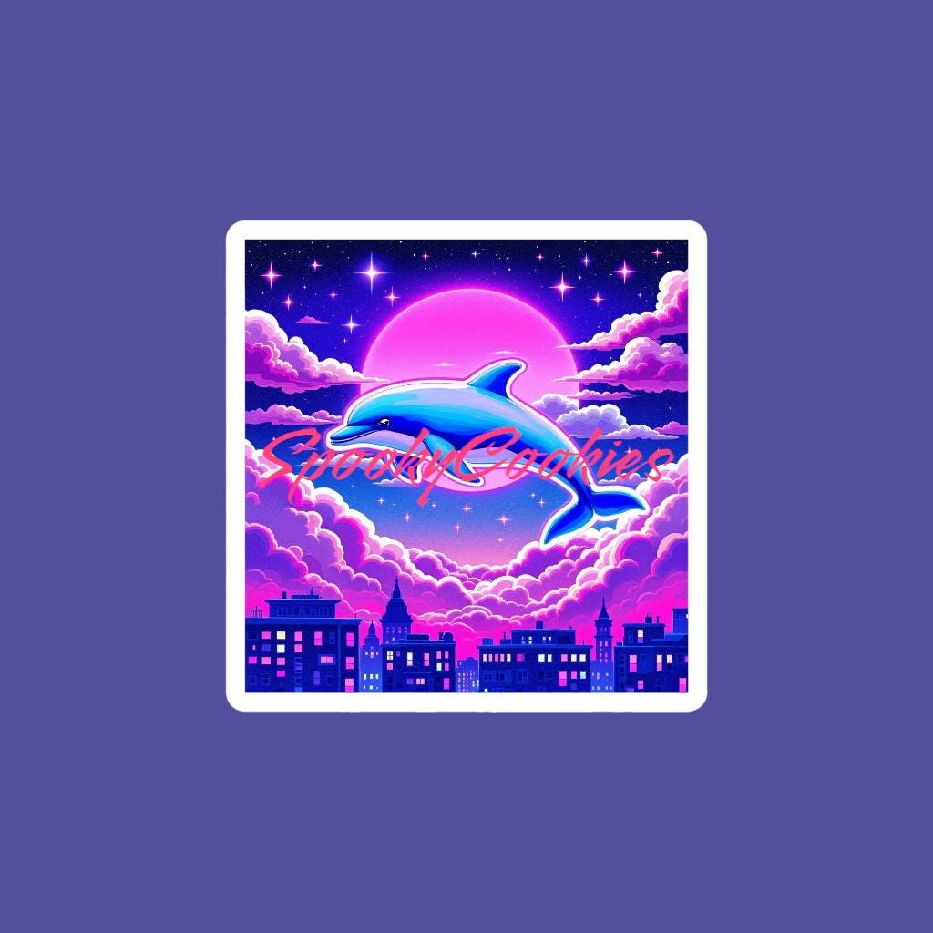 Neon Vaporwave Dolphin Sticker - Retro Aesthetic Holographic Decal