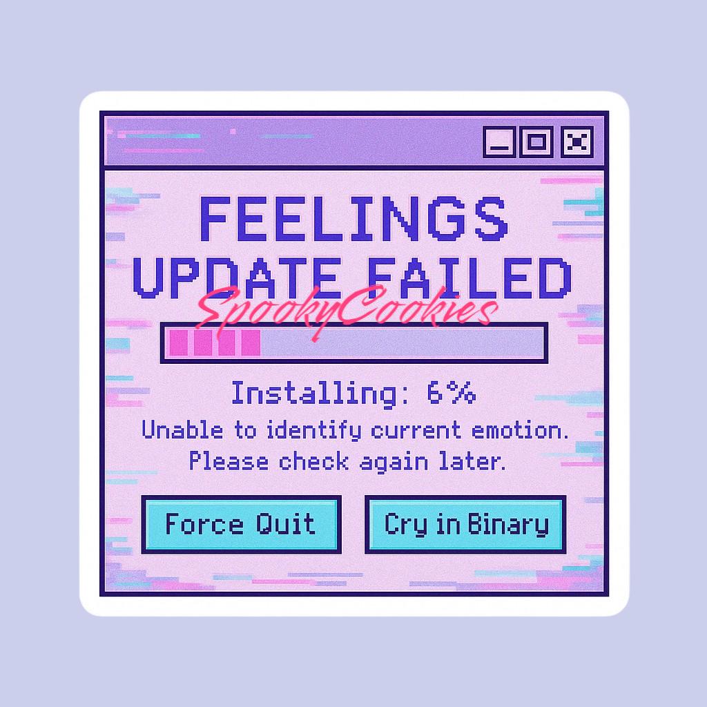 Feelings Update Failed Sticker β Vaporwave Pop-Up with Force Quit & Cry in Binary Buttons