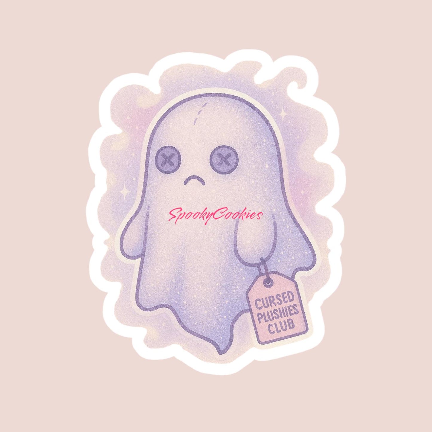 Cursed Ghost Plush Sticker β Sad Button-Eyed Spirit with Club Tag
