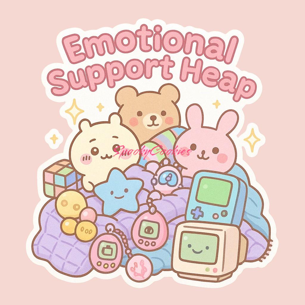 Emotional Support Heap Sticker β Kawaii Comfort Pile with Plushies and Fidgets