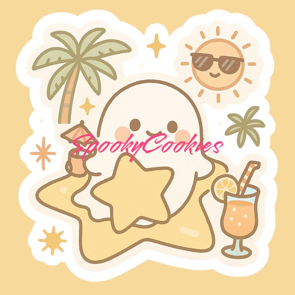 Kawaii Ghost Beach Day Sticker β Cute Ghost with Starfish, Palm Trees & Tropical Drink