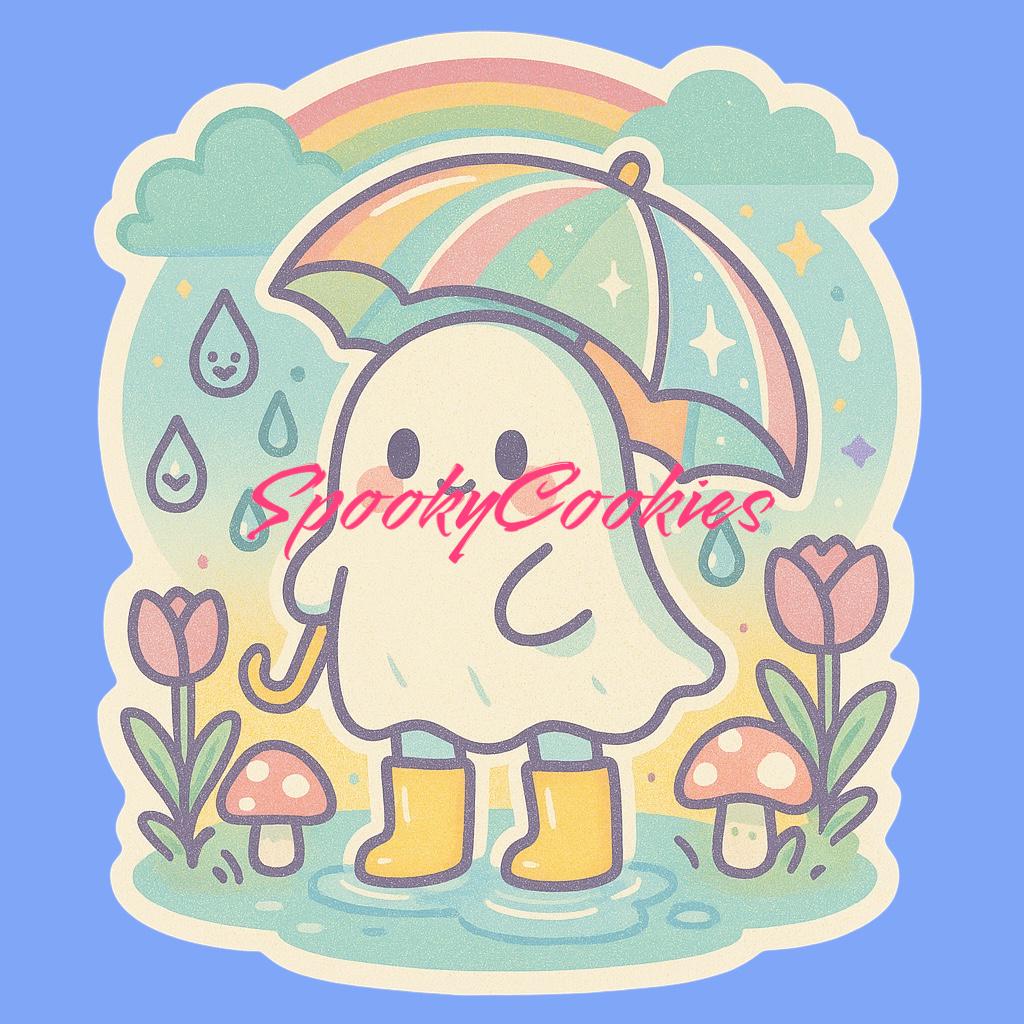 Kawaii Rainy Day Ghost Sticker β Cute Ghost with Umbrella, Rain Boots & Rainbow