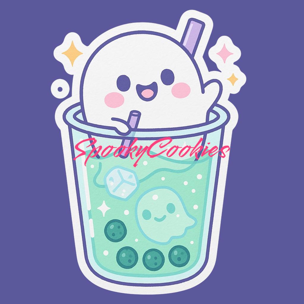 Kawaii Ghost Boba Sticker β Cute Melon Soda Ghost in Bubble Tea Cup
