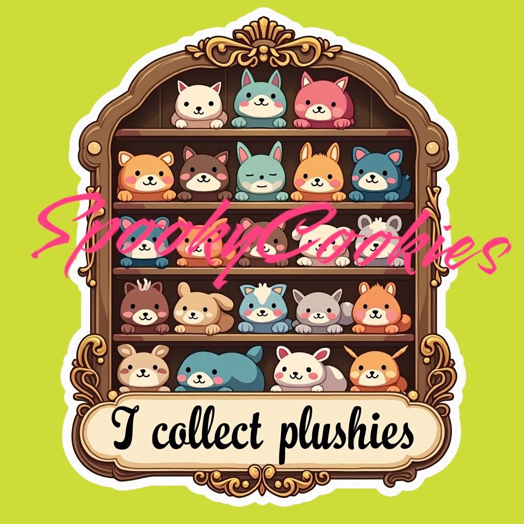 3-Inch Holographic Sticker or Fridge Magnet | 'I Collect Plushies' w/ Shelf of Stuffed Animals Design | Water-Resistant Decal for Laptops
