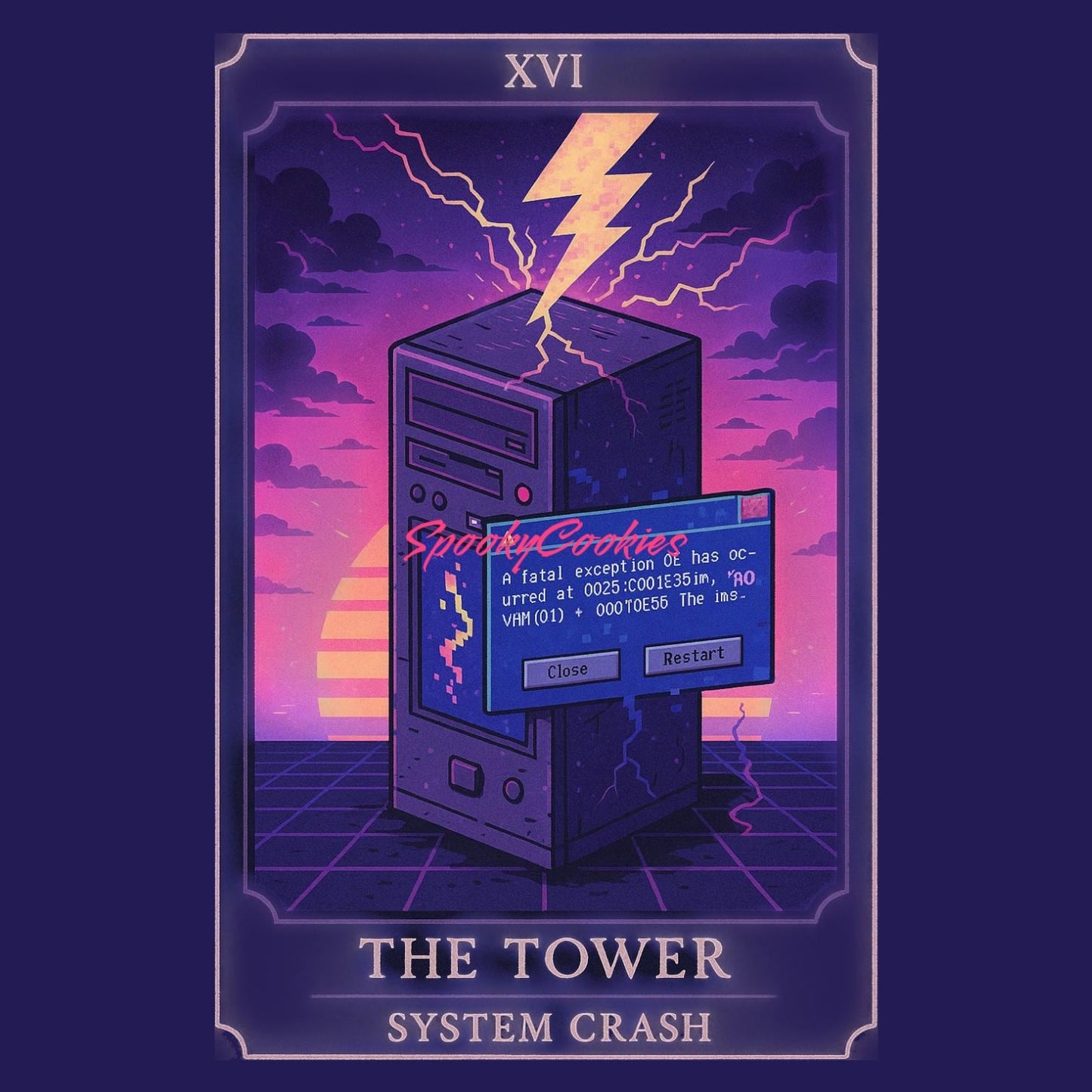 The Tower β System Crash Sticker β Glitch Tarot Card with Vaporwave PC Meltdown