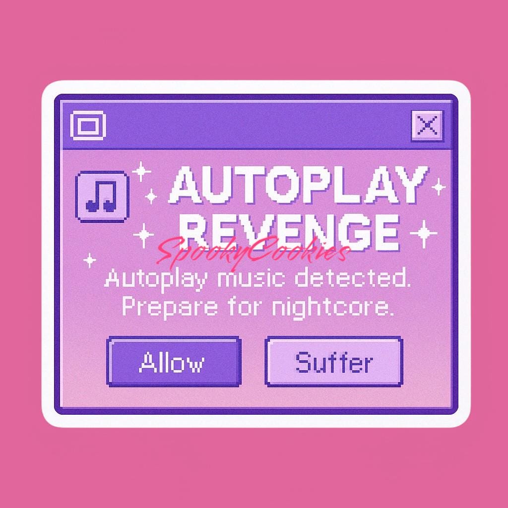 Autoplay Revenge Sticker β Vaporwave Pop-Up with Nightcore Alert and MySpace Chaos Vibes