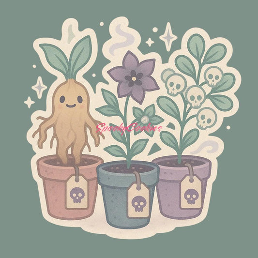 Witch’s Herb Garden Sticker – Mandrake, Belladonna & Mistletoe in Spooky Pots