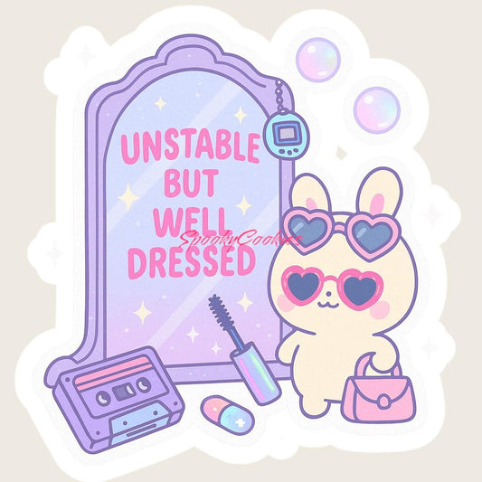 Unstable But Well Dressed Sticker – Kawaii Mirror Bunny with Mascara & Pills