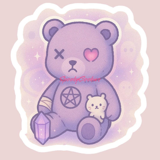 Cursed Teddy Bear Sticker – Pentacle Plush with Bandages and Baby Bear