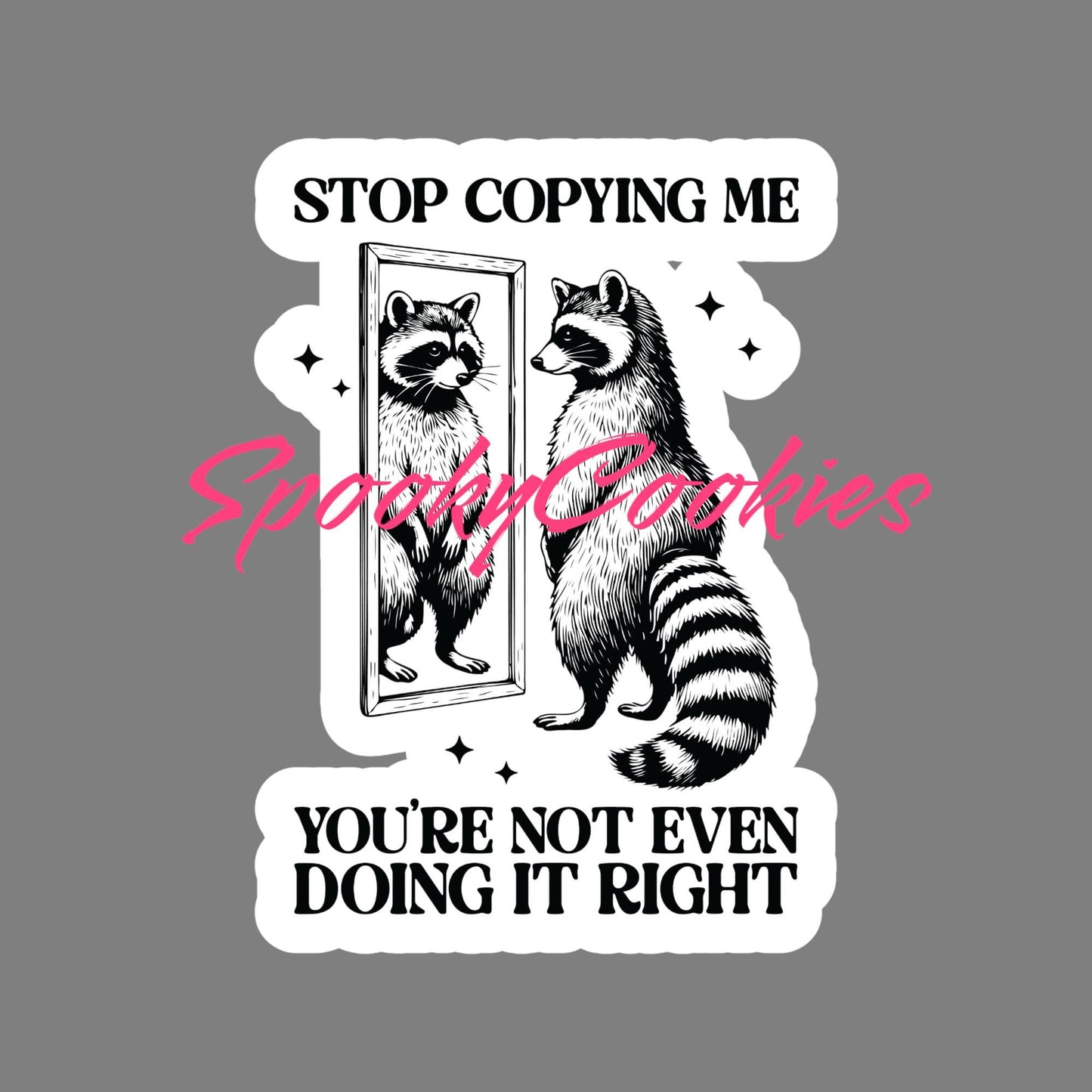 Stop Copying Me. You're not even doing it right.’ Raccoon Sticker – Funny Mirror Meme Decal, Trash Panda Humor