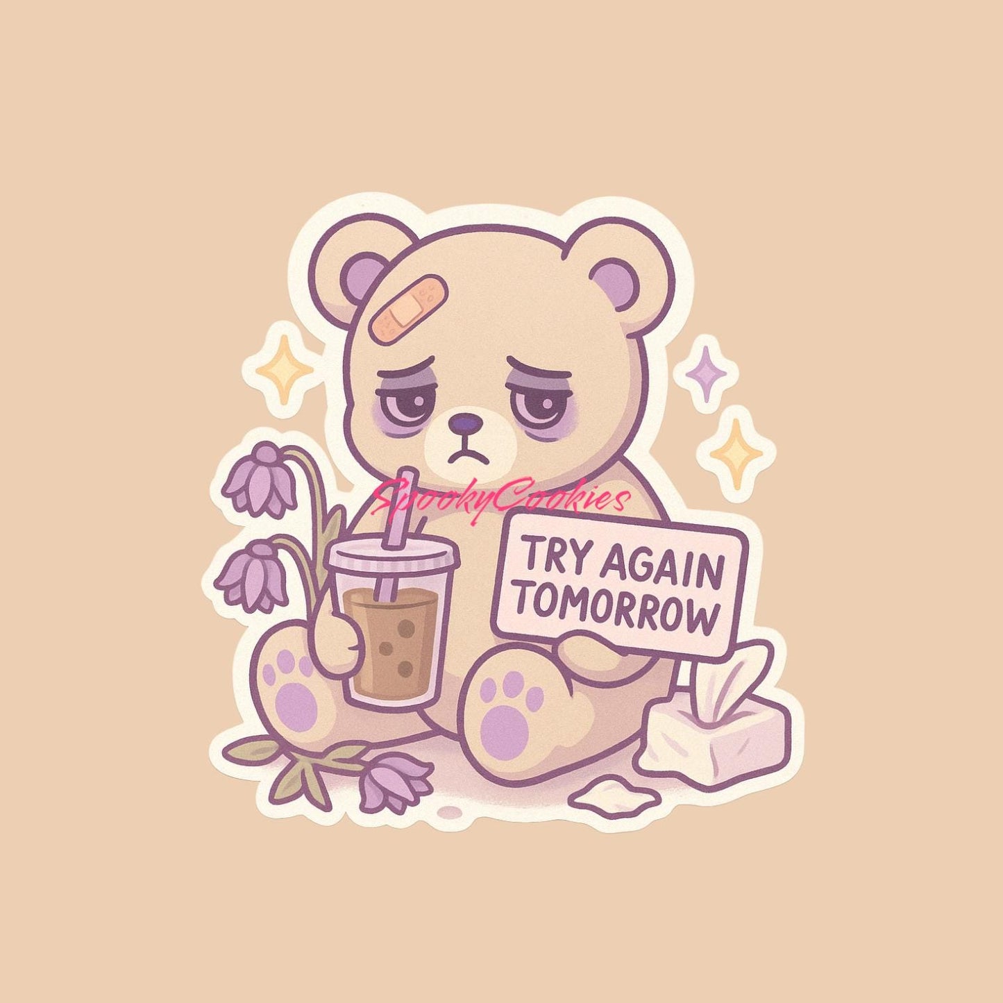 Try Again Tomorrow Sticker – Tired Plush Bear with Boba and Bandage
