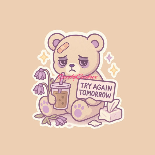 Try Again Tomorrow Sticker – Tired Plush Bear with Boba and Bandage