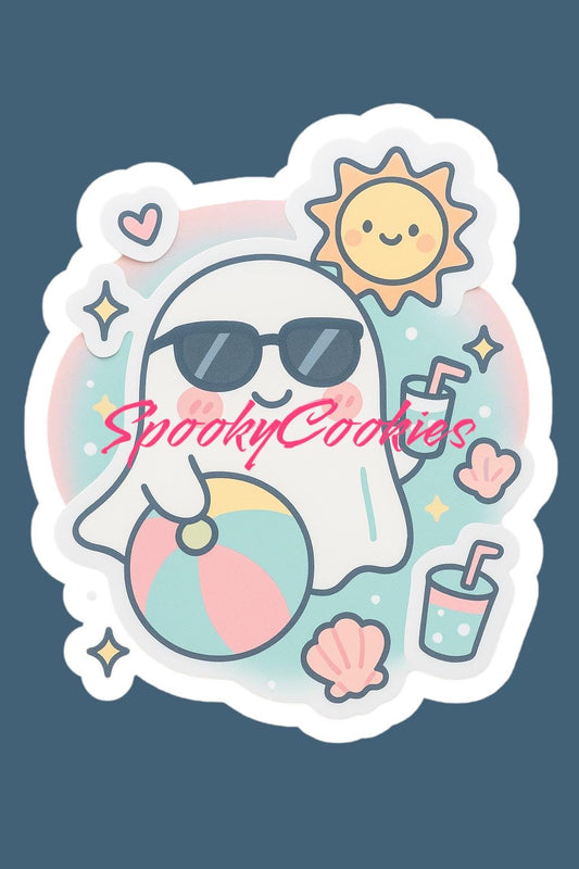 Kawaii Ghost Beach Sticker – Cute Summer Ghost with Sunglasses, Beach Ball & Drink