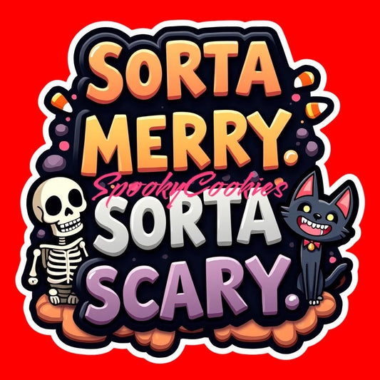 3-Inch Sticker or Fridge Magnet  | 'Sorta Merry. Sorta Scary.' w/ Cat & Skeleton Design | Water-Resistant Sticker for Laptops, Water Bottles