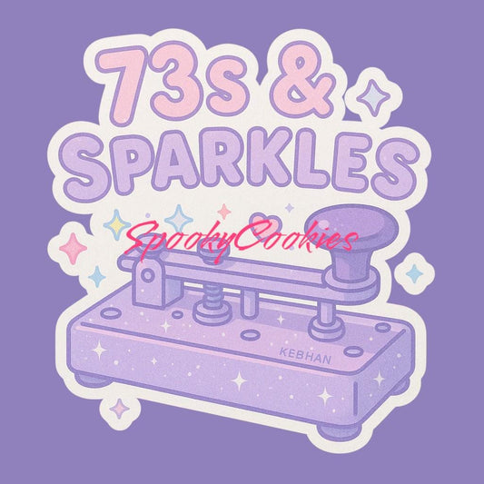 73s & Sparkles Sticker – Kawaii Morse Code Key with Call Sign and Rainbow Pastel Aesthetic