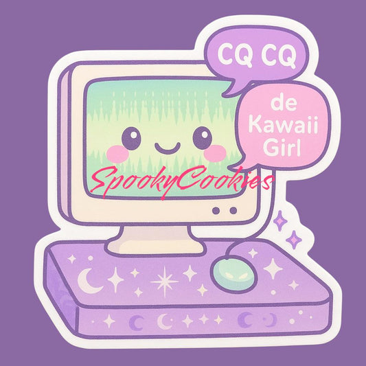 Kawaii FT8 Ham Radio Sticker – Cute Pastel Computer Calling "CQ CQ Kawaii Girl"
