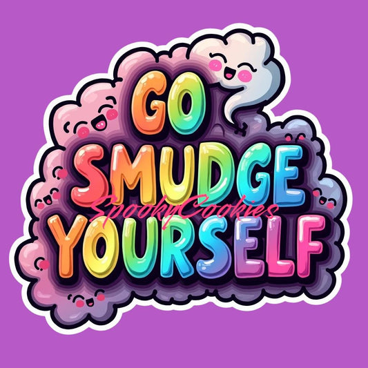 3-Inch Sticker or Fridge Magnet  | 'Go Smudge Yourself' w/ Rainbow Cloud Design | Water-Resistant Decal for Laptops | Spiritual Gift