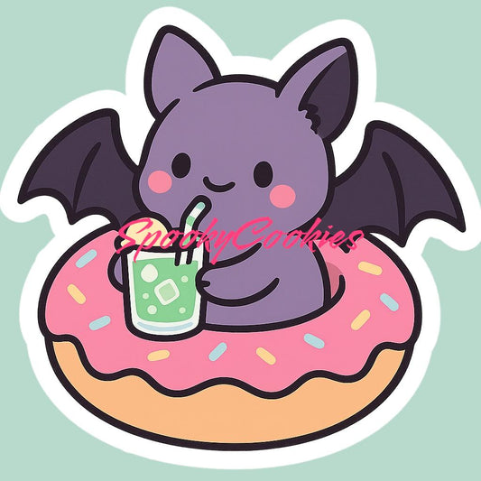 Kawaii Bat Sticker with Donut Float and Melon Soda – Cute Goth Summer Vinyl Sticker
