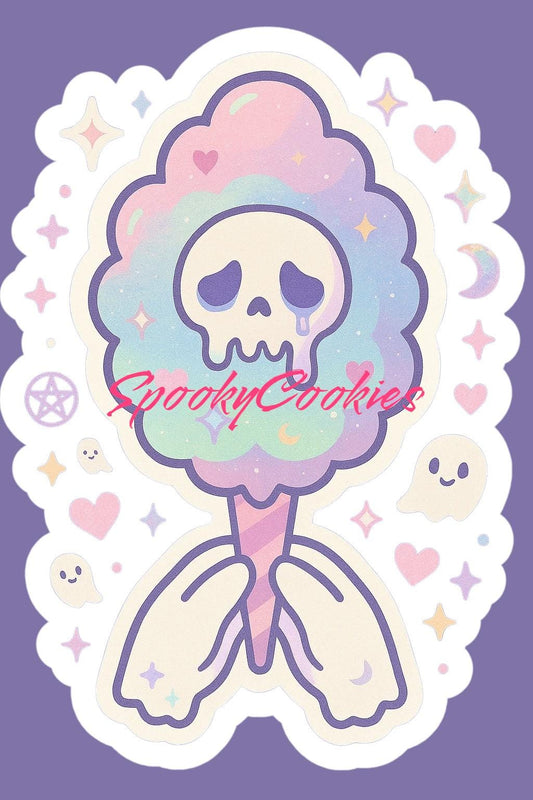 Cursed Cotton Candy Sticker – Kawaii Pastel Skull Sweet with Ghostly Hands