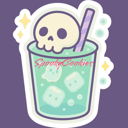 Spooky Melon Soda Float Sticker – Kawaii Skull Ice Cream Boba Drink Vinyl