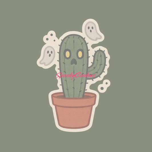 Haunted Cactus Sticker – Spooky Plant with Ghosts in a Pot