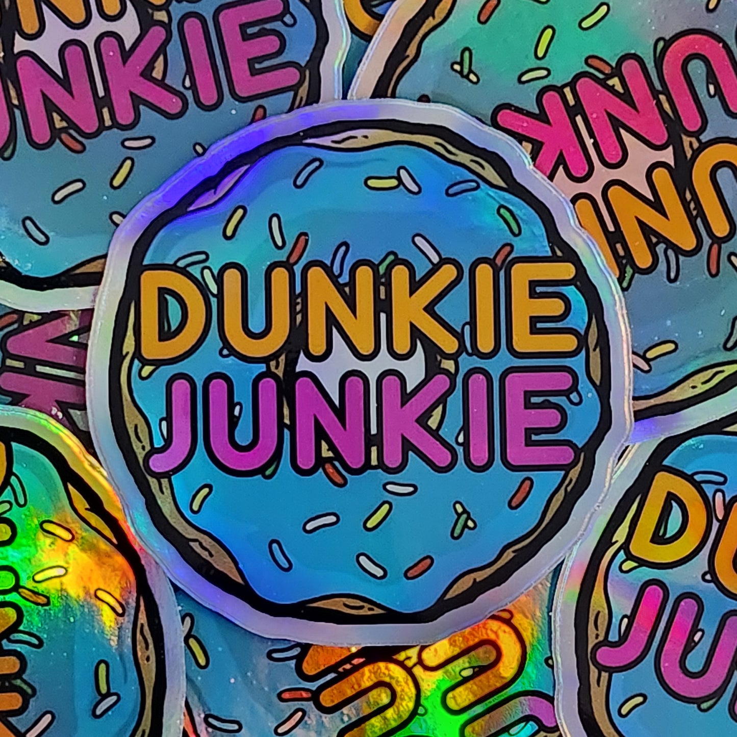 Dunkie Junkie Holographic Sticker - Shimmering Waterproof Decal for Coffee Lovers, Unique Gift for Baristas and Espresso Enthusiasts