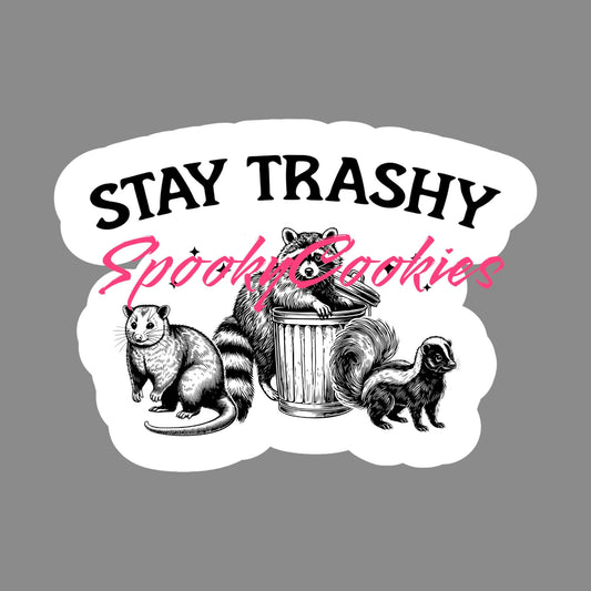 Stay Trashy’ Sticker – Funny Raccoon, Skunk & Opossum Trash Can Humor Decal