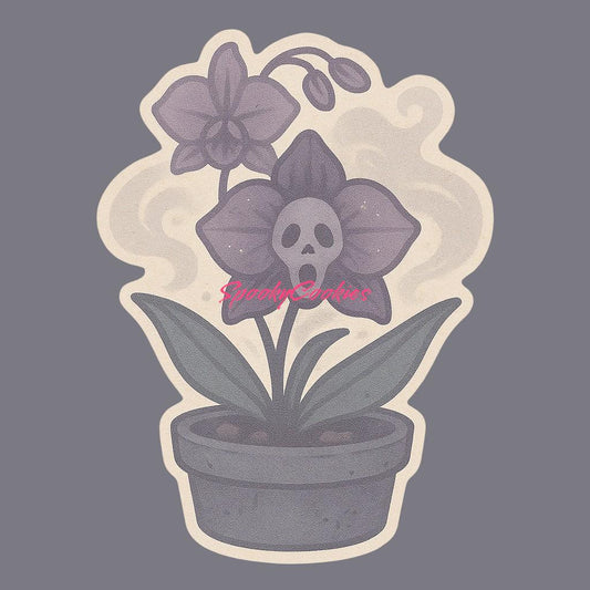 Eerie Orchid Sticker – Haunted Flower with Ghostly Face and Mist