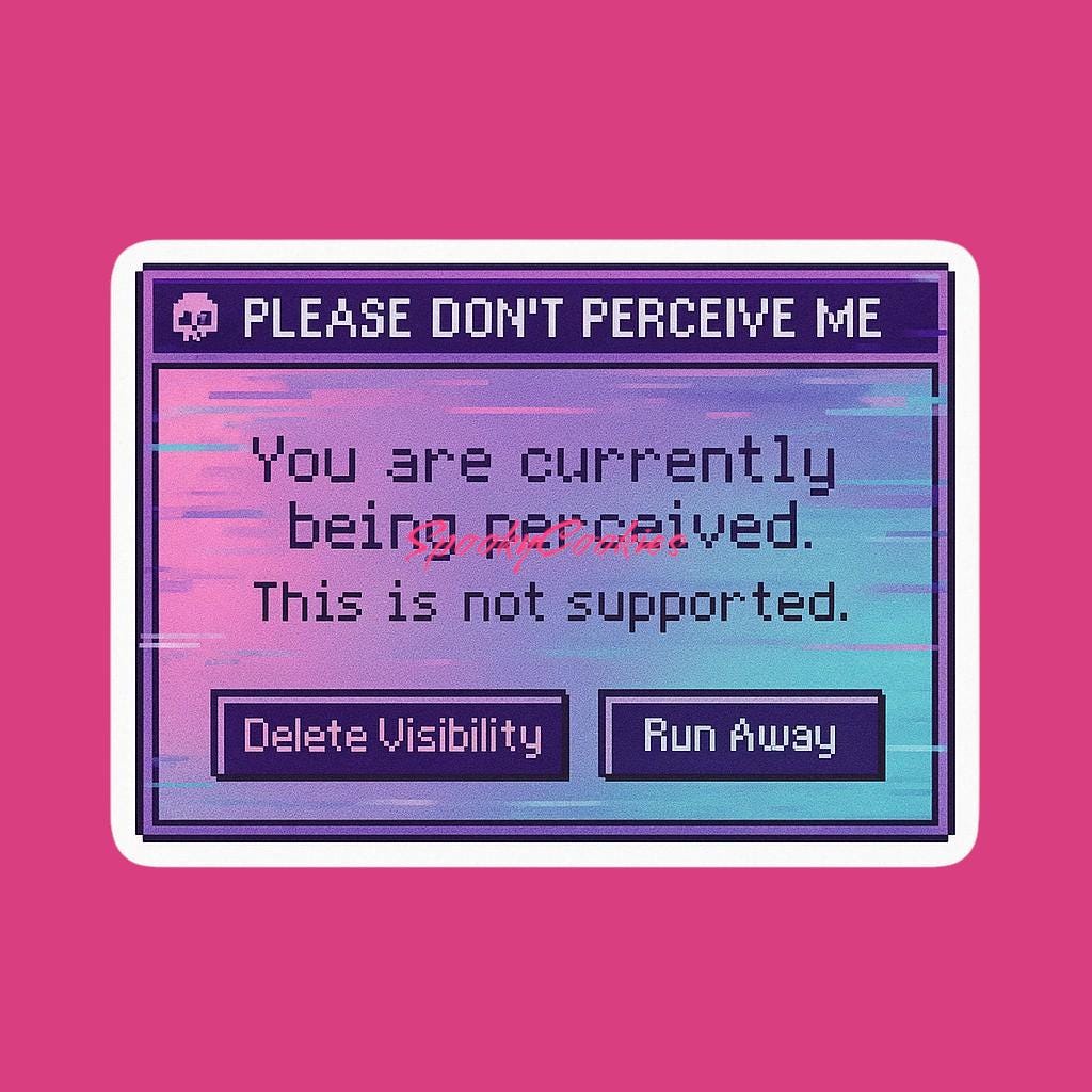 Please Don’t Perceive Me Sticker – Vaporwave Pop-Up Error with Delete Visibility & Run Away