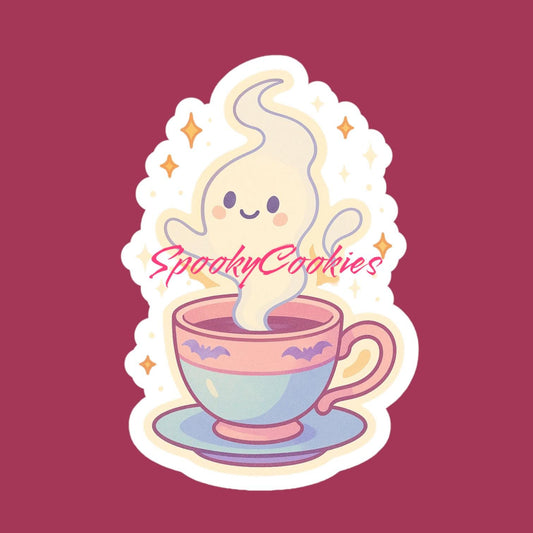 Floating Teacup Ghost Sticker – Cute Kawaii Haunted Tea Spirit Vinyl