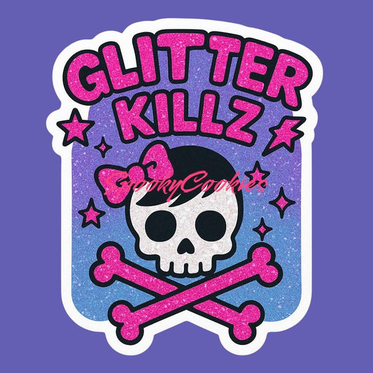 Glitter Killz Sticker – Scene Kid Skull with Bow and Sparkles, MySpace Revival Vibes