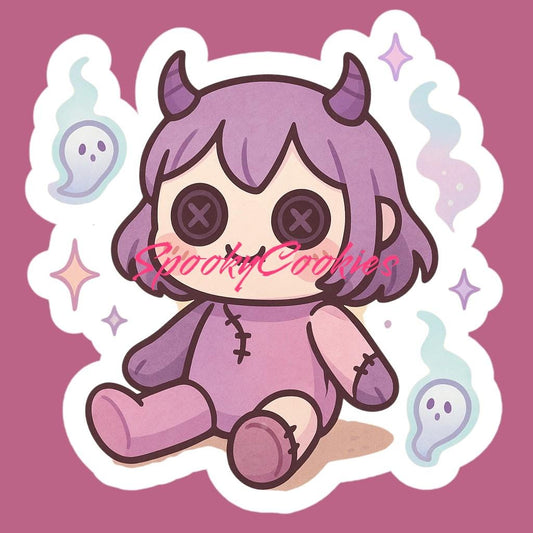 Haunted Doll Sticker – Cute Kawaii Cursed Plush Vinyl with Ghostly Vibes