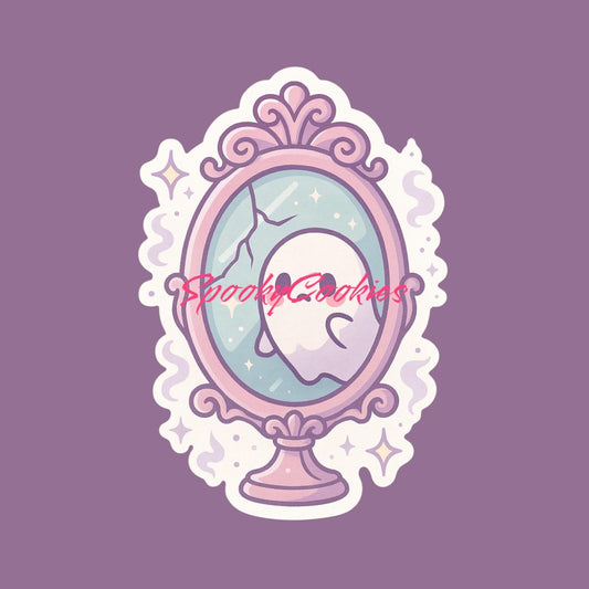 Haunted Mirror Ghost Sticker – Cute Kawaii Cursed Object with Shy Spirit