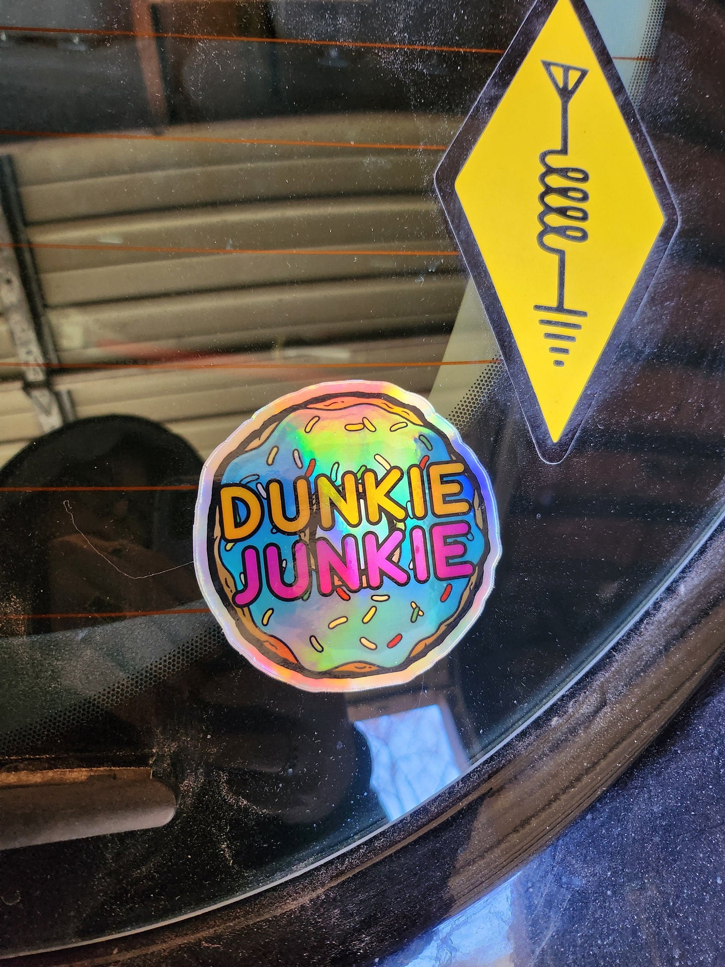 Dunkie Junkie Holographic Sticker - Shimmering Waterproof Decal for Coffee Lovers, Unique Gift for Baristas and Espresso Enthusiasts