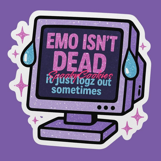 Emo Isn’t Dead Sticker – Crying Retro PC with MySpace Sparkle Text and Scene Kid Vibes