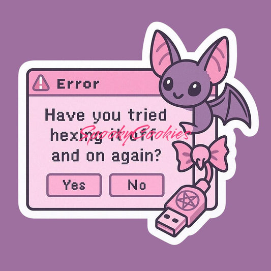 Hexing It Off and On Again Sticker – Pink Goth Tech Support Error with Bat and Pentagram USB