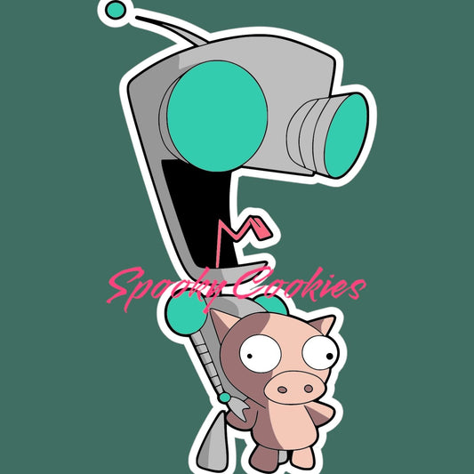 Invader Zim GIR Quirky Robot Holding a Pig Sticker or Fridge Magnet  | Fun and Cute Cartoon Robot Sticker