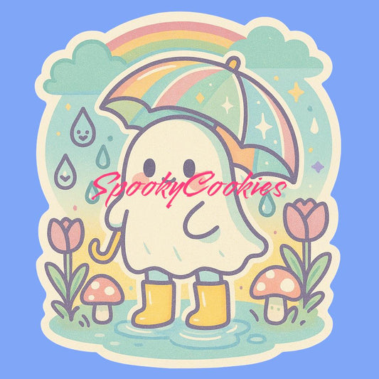 Kawaii Rainy Day Ghost Sticker – Cute Ghost with Umbrella, Rain Boots & Rainbow