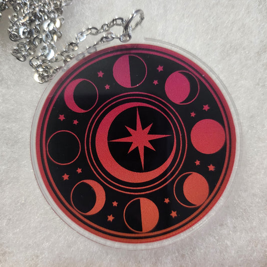 Moon Phase Circle Necklace in Red & Orange - Acrylic Lunar Cycle Pendant, Celestial Fashion Accessory - Ideal Birthday Gift for Her