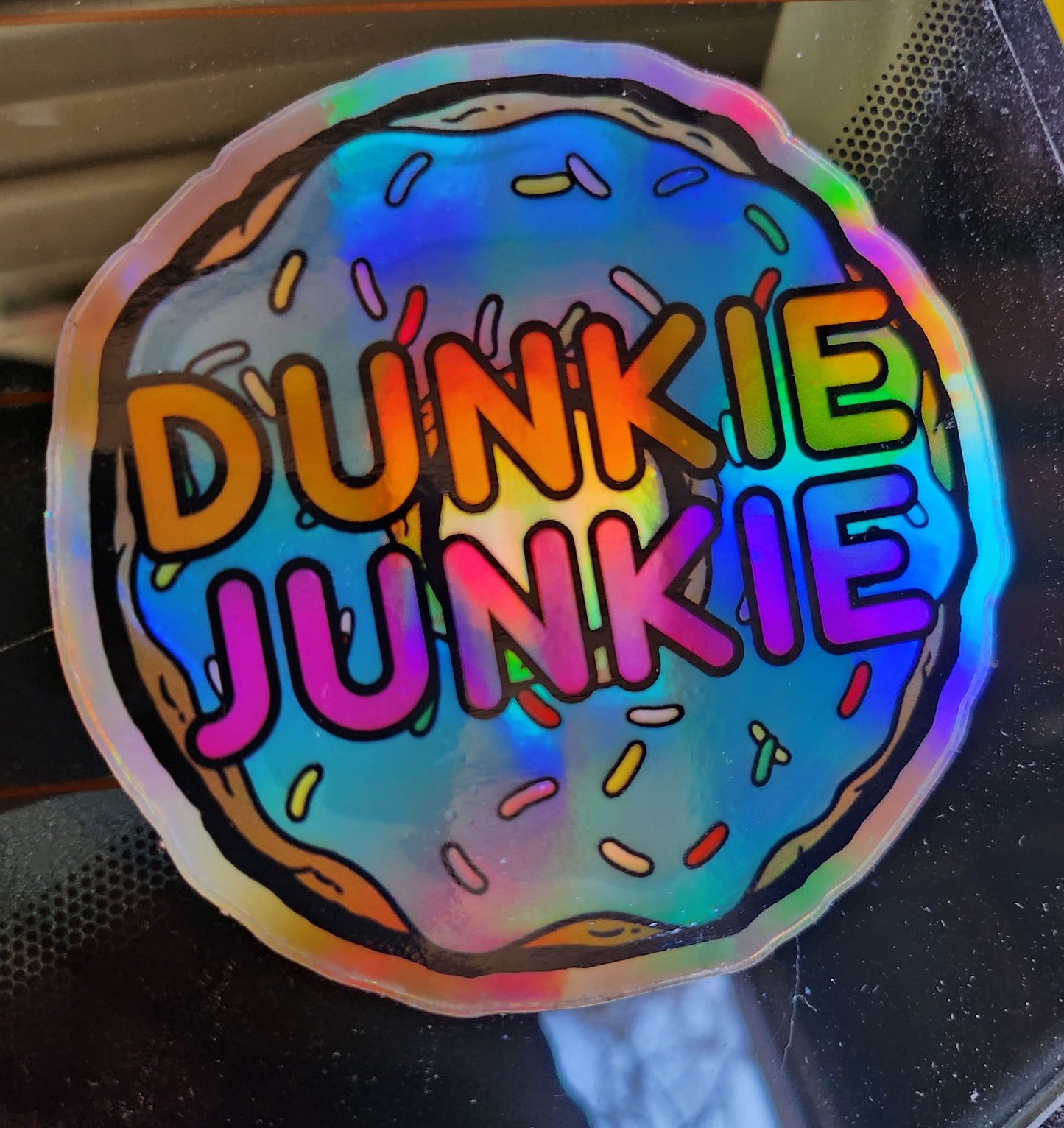 Dunkie Junkie Holographic Sticker - Shimmering Waterproof Decal for Coffee Lovers, Unique Gift for Baristas and Espresso Enthusiasts