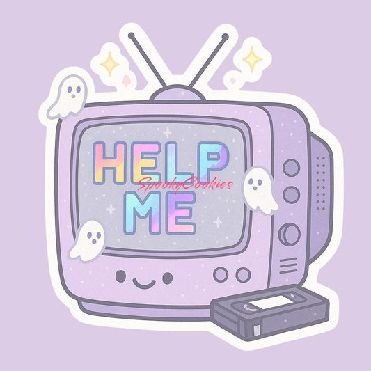 help me CRT tv Sticker – Kawaii Analog Horror with VHS & Ghosts