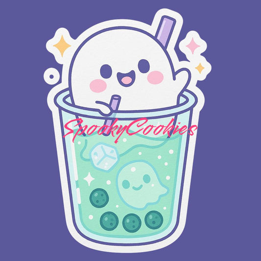 Kawaii Ghost Boba Sticker – Cute Melon Soda Ghost in Bubble Tea Cup