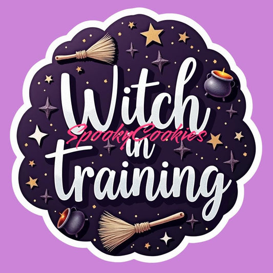 3-Inch Sticker or Fridge Magnet | 'Witch in Training' w/ Broom and Stars Design | Water-Resistant Decal for Laptops, Journals | Witchy Gift