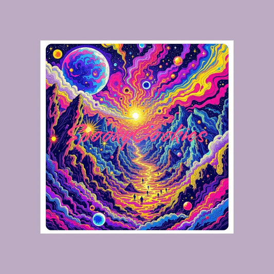 Rainbow Mountain Landscape Sticker with Cosmic Space Background Vinyl Sticker
