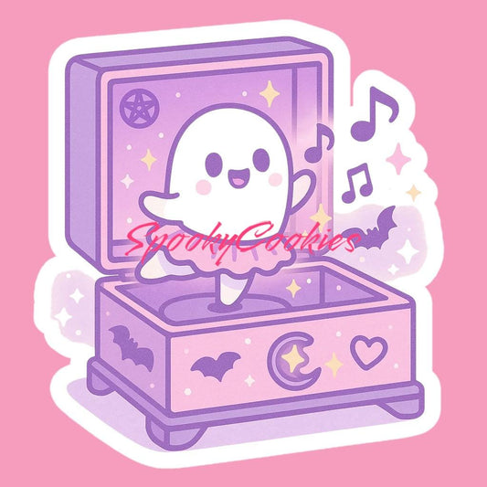 Haunted Music Box Ghost Sticker – Cute Kawaii Spooky Ballerina Vinyl