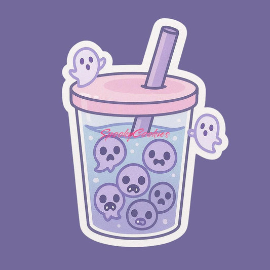 Possessed Boba Sticker – Haunted Bubble Tea with Ghost Pearls
