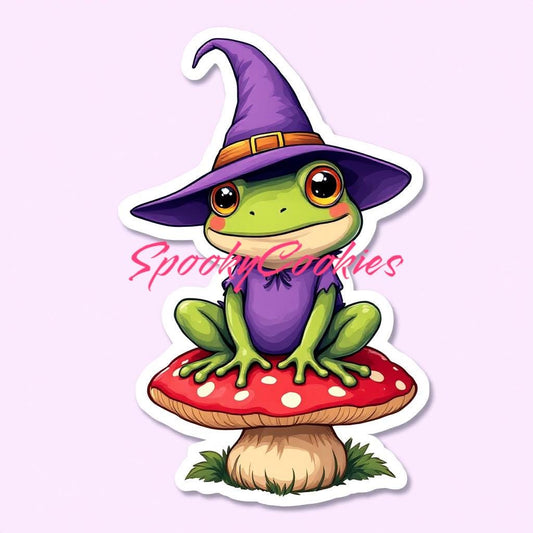 Frog in Witch Hat on Mushroom Sticker – Cute Cottagecore Vibes