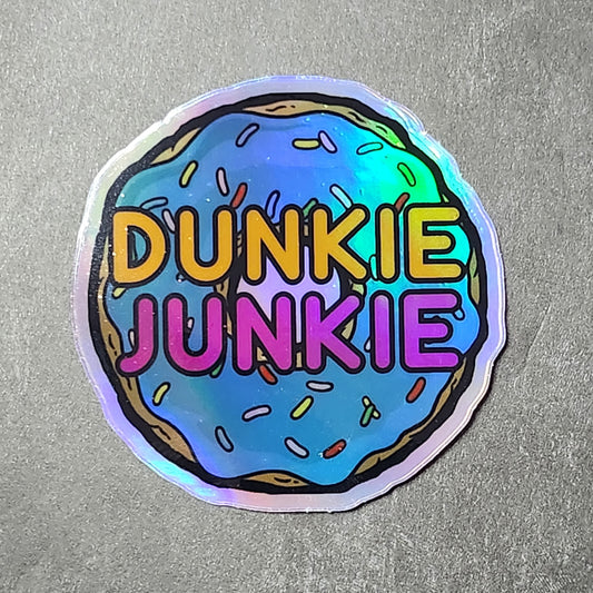 Dunkie Junkie Holographic Sticker - Shimmering Waterproof Decal for Coffee Lovers, Unique Gift for Baristas and Espresso Enthusiasts